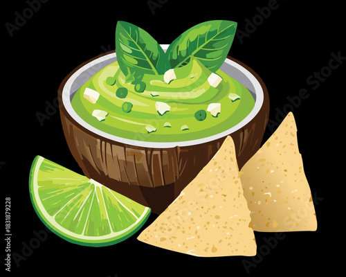 Green avocado dip in a coconut bowl with nachos and fresh lime slices - Vector Illustration