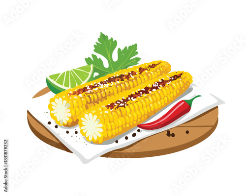 Roasted corn cobs with chili pepper and lime wedges on a white background - Vector Illustration