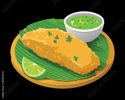 Breaded fish fillet served on a banana leaf with a small bowl of pesto - Vector Illustration