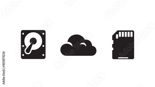 Three digital storage icons representing hard drive cloud and sd card isolated on white background