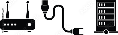 Black silhouette of a wireless router connected by a cable to a server rack isolated on white background