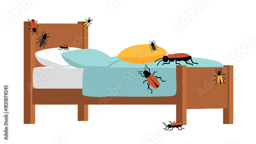 Bed bugs crawling on mattress, pillows and sheets of infested bed highlights home hygiene and pest control issues