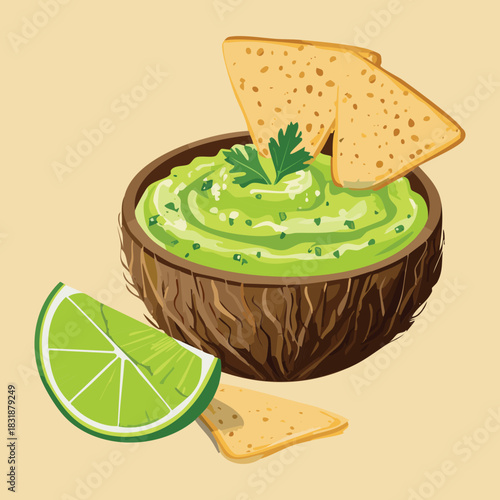 Fresh guacamole dip in a coconut shell with lime wedges and crunchy tortilla chips - Vector Illustration