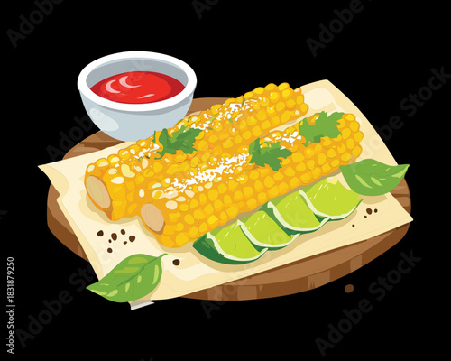 Grilled corn on the cob with lime slices and red dipping sauce on parchment - Vector Illustration