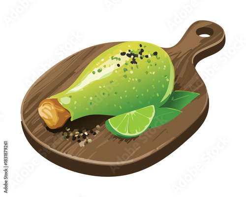 Savory grilled chicken drumstick with lime and spices on a vintage wooden board - Vector Illustration