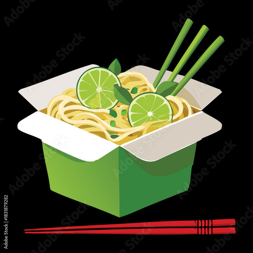 Takeaway noodle box with green garnish and lime slices including wooden chopsticks on black - Vector Illustration