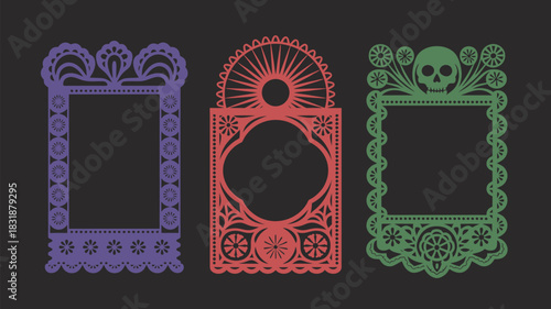 Mexican Papel Picado Frame Border Set Featuring Purple Floral Cutout Rectangle, Pink Arch with Sunburst Motif, and Green Skull Pattern Design for Dia de Muertos Celebrations