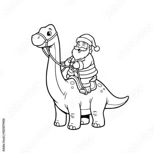 Santa Claus Riding Dinosaur Outline Vector. Isolated Funny Christmas Coloring Page or Unique Holiday Graphic. gen ai 