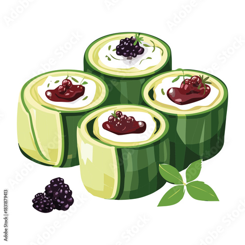 Healthy zucchini wraps with savory cream filling and blackberry garnish for a light appetizer - Vector Illustration