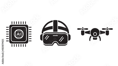Collection of three modern technology icons representing ai chip virtual reality headset and drone isolated on white background