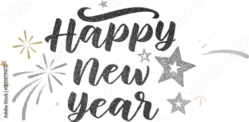 Happy New Year: A festive greeting of 'Happy New Year' is elegantly presented with a calligraphic font and celebratory motifs, inviting viewers to welcome the fresh start and new beginnings.