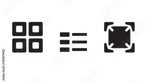 Three distinct graphic icons representing different layout views or organizational structures isolated on white background