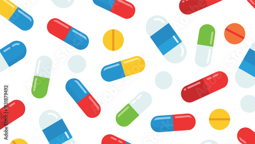 Vibrant pills and tablets pattern promoting health and well being with a modern colorful design for pharmaceutical and wellness brands