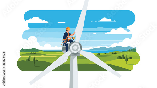 Wind turbine engineer skillfully maintaining sustainable energy source against a backdrop of serene blue skies and green fields