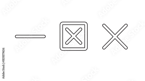 Three simple line art icons representing a dash a checkbox with an x and a standalone x isolated on white background