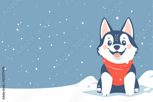 Cute flat naive husky dog in red harness sitting on snow with smiling face, with space for text. Perfect for kids’ branding, holiday packaging, or printable winter decor