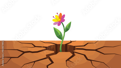 Vibrant flower blooming through cracked earth symbolizes hope and resilience against all odds, making a positive statement about renewal