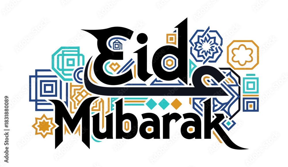 Obraz premium Eid Mubarak Modern Calligraphy with Islamic Geometric Ornaments