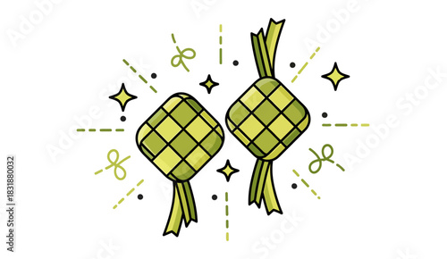 A charming, minimalist cartoon illustration featuring two green Ketupat rice dumplings, commonly eaten during Eid al-Fitr (Hari Raya Idul Fitri) and Eid al-Adha