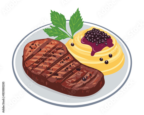 Grilled beef steak with creamy mashed potatoes and dark berry reduction sauce garnish - Vector Illustration