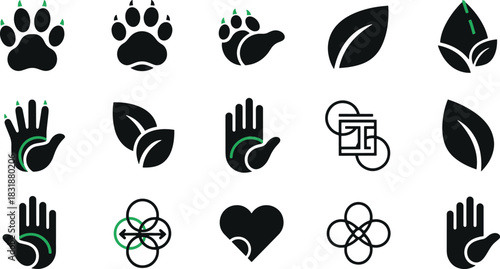 Set of eco-friendly logo templates featuring paw prints, leaves, hands, and abstract geometric symbols