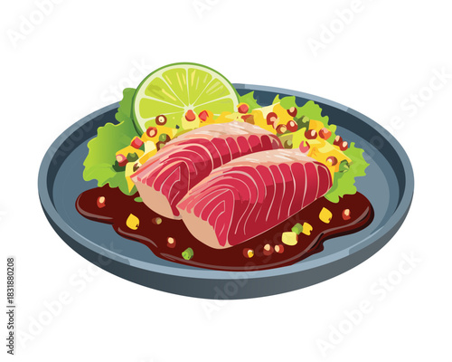 Sliced tuna sashimi steak served with citrus sauce and fresh green herb garnish - Vector Illustration