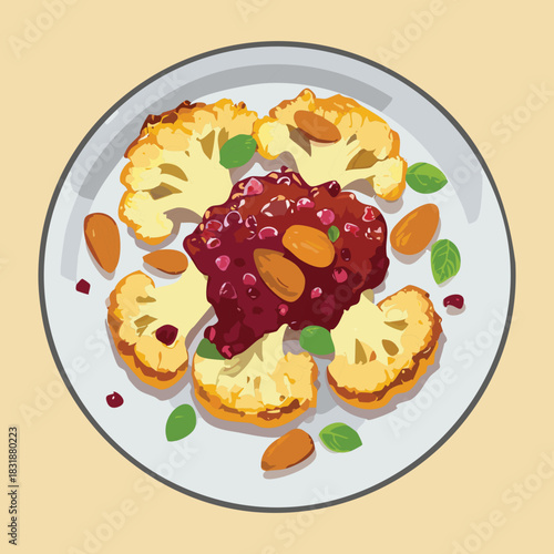 Roasted cauliflower steaks topped with red berry sauce and almond nuts on white plate - Vector Illustration