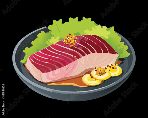 Gourmet sliced tuna fillet with herb seasoning and green salad on a dark dish - Vector Illustration
