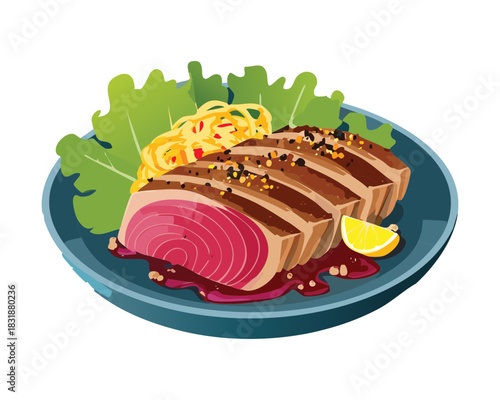 Seared tuna steak with sesame crust served with salad and fresh lemon wedge garnish - Vector Illustration