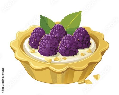 Fresh homemade blackberry custard pie with green mint leaves and white sugar powder dusting - Vector Illustration