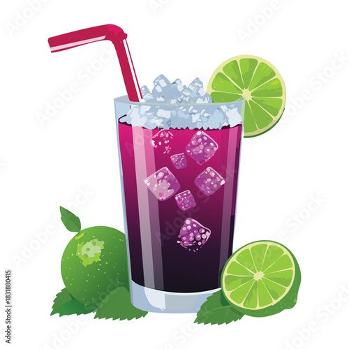 Purple grape soda with ice cubes and fresh lime slices in a tall glass with straw - Vector Illustration