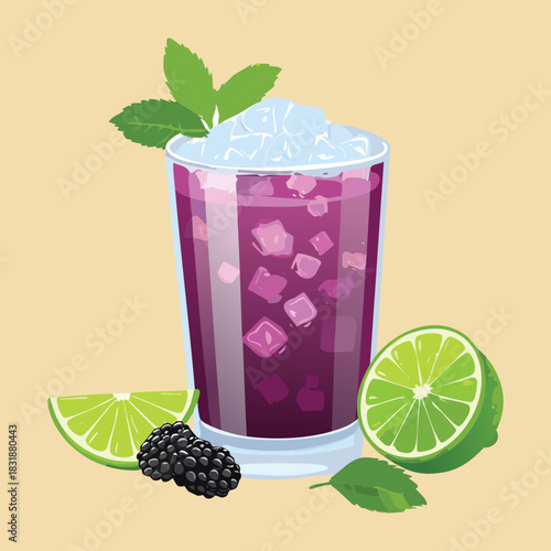 Refreshing iced purple berry mocktail with lime slices and fresh mint leaves in a glass - Vector Illustration
