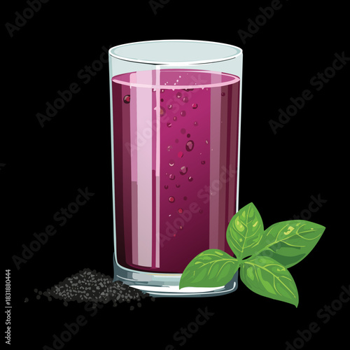 Vibrant purple fruit juice with ice cubes and fresh green basil leaves in a glass cup - Vector Illustration