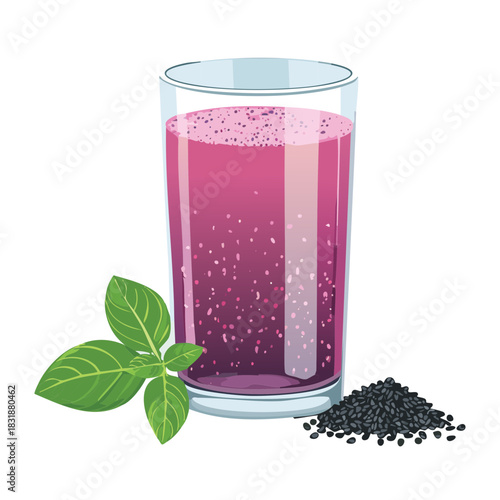 Healthy purple berry smoothie with chia seeds and fresh green mint leaves in a tall glass - Vector Illustration