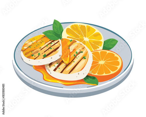 Savory grilled turkey slices served with sweet orange rings and fresh herbs on a blue plate - Vector Illustration