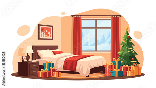 Cozy Christmas morning bedroom scene with tree, presents, and snowy window view for holiday marketing and festive decoration projects