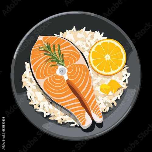 Top view of grilled salmon fillet with rice orange garnish and rosemary on black dish - Vector Illustration