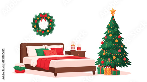 Dreamy Christmas Eve scene with decorated bedroom, cozy bed, Christmas tree, and gifts brings holiday cheer and anticipation for family joy