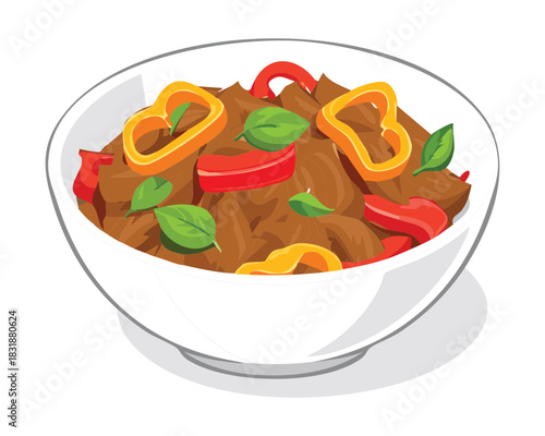 Healthy beef stew with mixed bell peppers and fresh herbs in a white ceramic bowl - Vector Illustration