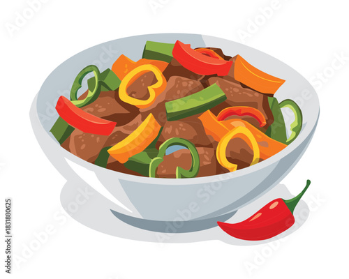 Asian style beef and pepper stir fry in a white bowl with chili garnish - Vector Illustration