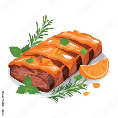 Glazed beef brisket with fresh orange rings and aromatic rosemary herbs on a light background - Vector Illustration