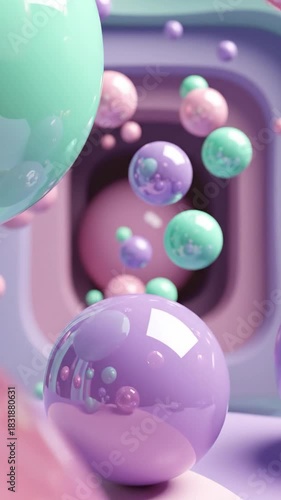 Colorful pastel spheres and bubbles abstract animation, 3d geometric motion background, soft candy colors, vertical 9:16 mobile wallpaper background