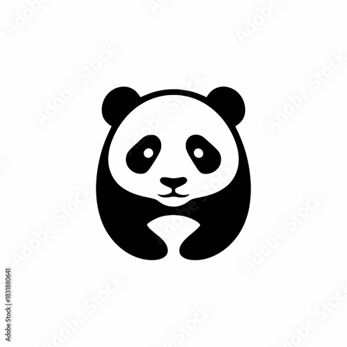 A minimalist black and white illustration of a cute panda bear's face and upper body.