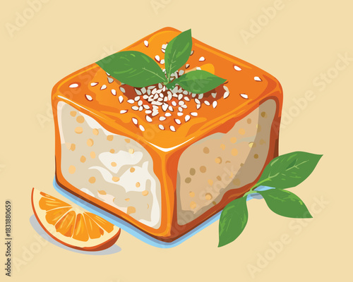 Golden orange glazed dessert squares with sesame sprinkles and fresh green mint leaves - Vector Illustration