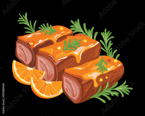Roasted pork belly slices with honey orange glaze and fresh rosemary herbs on dark surface - Vector Illustration