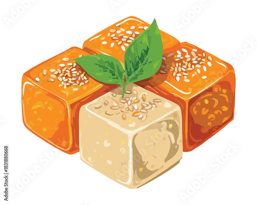 Sliced orange sponge cake pieces with white sesame seeds and aromatic mint leaves on top - Vector Illustration
