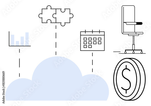 Cloud connects analytics chart, puzzle pieces, calendar, office chair, and dollar coin. Ideal for teamwork, productivity, strategy, online tools finance planning collaboration in simple flat