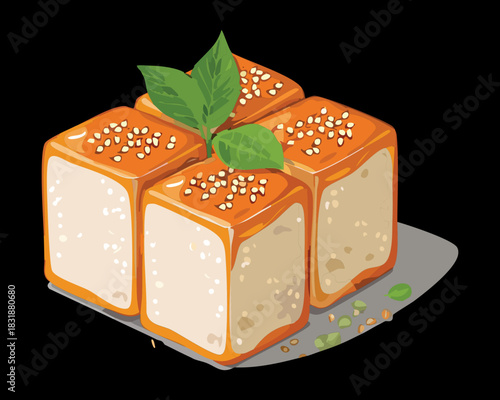 Gourmet orange glazed cake cubes with sesame seeds and fresh green mint leaf garnish - Vector Illustration