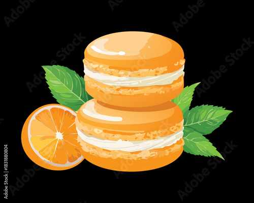 Double stack of orange macaron biscuits with fresh mint leaves and citrus fruit slices on plain surface - Vector Illustration