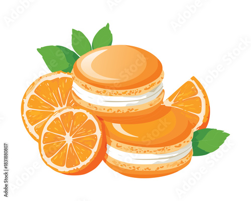 Stack of orange flavored macaron cookies with citrus slices and mint leaves for sweet bakery product advertising - Vector Illustration
